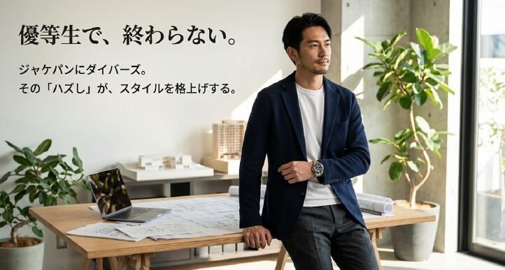 画像タイトル： ジャケパンスタイルとダイバーズウォッチのコーディネート

代替テキスト（alt）： スーツスタイルにダイバーズウォッチを合わせる「ハズし」のテクニックを紹介するスライド