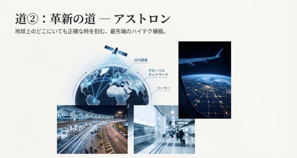 画像タイトル: アストロンの革新性：地球規模のGPSネットワーク

代替テキスト: 地球とGPS衛星のイメージ図。「革新の道、地球上のどこにいても正確な時を刻む」というキャッチコピー。