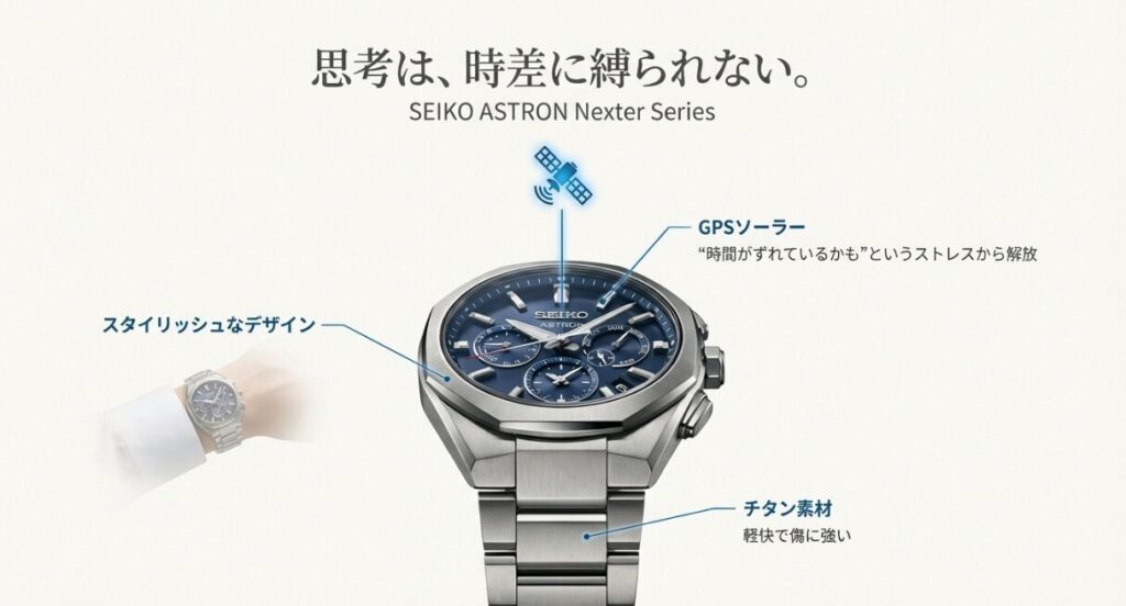 画像タイトル: SEIKO ASTRON Nexterシリーズの機能とデザイン

代替テキスト: セイコーアストロンNexterシリーズの製品画像。スタイリッシュなデザイン、GPSソーラー、チタン素材などの特徴を示した図。
