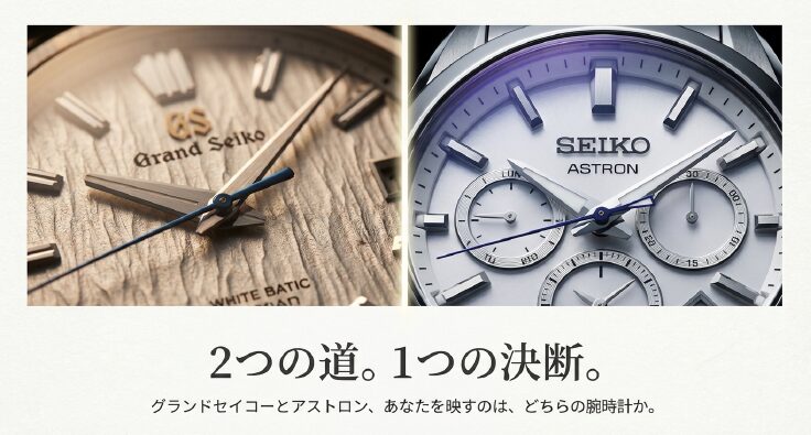 画像タイトル: グランドセイコーvsアストロン：2つの道、1つの決断

代替テキスト: グランドセイコーとアストロンの比較スライド表紙。「2つの道。1つの決断。あなたを映すのは、どちらの腕時計か」というタイトル文字。