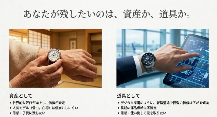 画像タイトル: 資産か道具か：グランドセイコーとアストロンの価値の違い

代替テキスト: 「あなたが残したいのは、資産か、道具か」という問いかけ。資産としてのGS（価値安定・子供に残す）と、道具としてのアストロン（使い倒す）の対比解説。