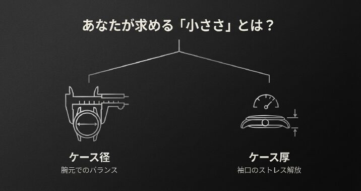 画像タイトル: アストロン選びで重要なケース径と厚さの違い

代替テキスト: 「あなたが求める小ささは？」という問いかけと、ケース径（バランス）・ケース厚（袖口の収まり）のどちらを重視するかを示す図。
