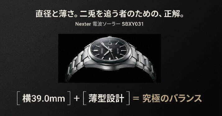 画像タイトル: 39mm径と薄型設計を両立したアストロンSBXY031

代替テキスト: セイコーアストロン Nexter SBXY031の画像と、39.0mm×薄型の「究極のバランス」を示す図。