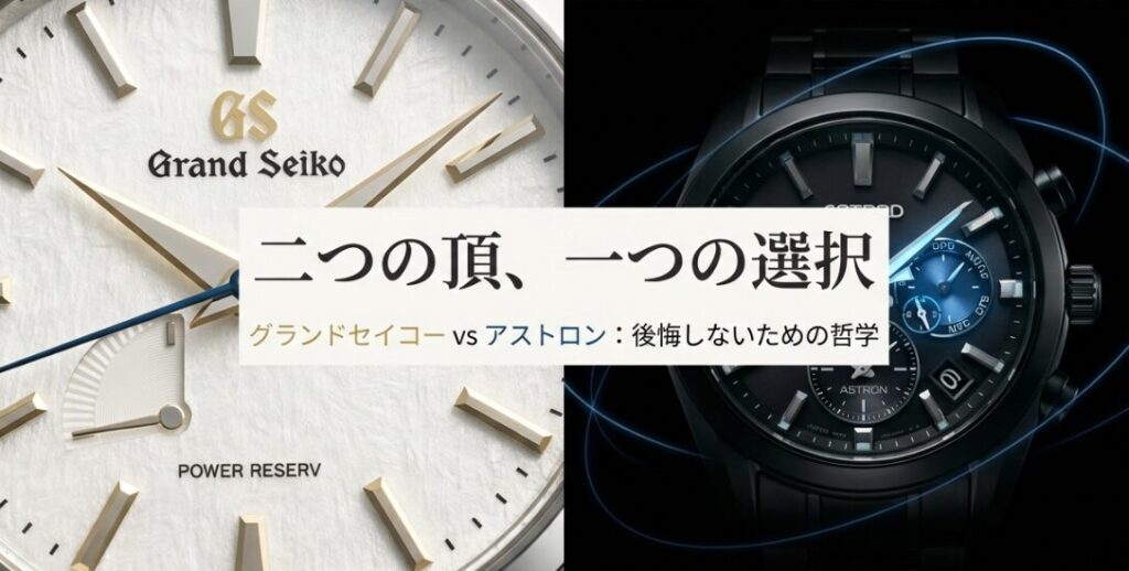 画像タイトル: グランドセイコー対アストロン比較：二つの頂、一つの選択

代替テキスト: グランドセイコーとアストロンの比較スライドの表紙。「二つの頂、一つの選択。後悔しないための哲学」というタイトル文字。