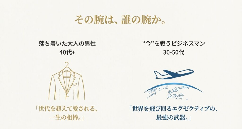 画像タイトル: グランドセイコーとアストロンのターゲット年齢層とイメージ

代替テキスト: スーツのイラスト（落ち着いた大人の男性・一生の相棒）と飛行機のイラスト（戦うビジネスマン・最強の武器）によるユーザー層の比較図。