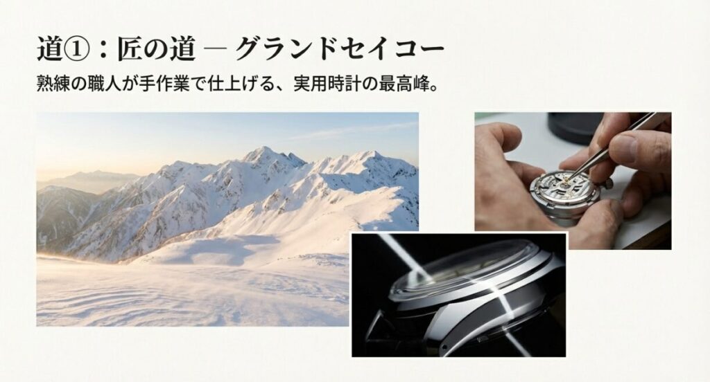 画像タイトル: グランドセイコーの匠の技：ザラツ研磨の美しさ

代替テキスト: グランドセイコーのケースが職人の手によって鏡面に磨き上げられている様子。「匠の道、実用時計の最高峰」というキャッチコピー。