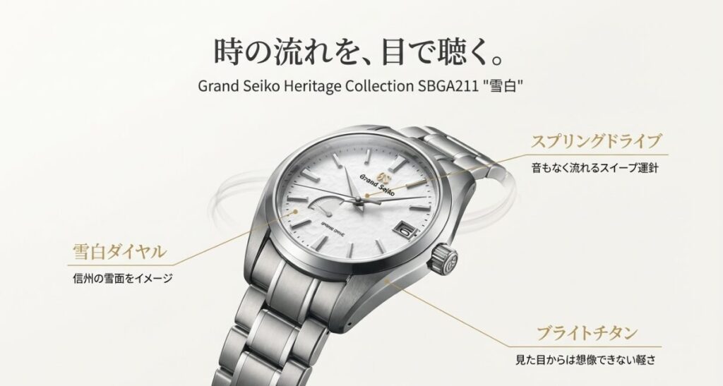 画像タイトル: Grand Seiko SBGA211 雪白ダイヤルとスプリングドライブ

代替テキスト: 信州の雪面をイメージした雪白ダイヤルのアップ画像と、スプリングドライブ、ブライトチタンの特徴解説。