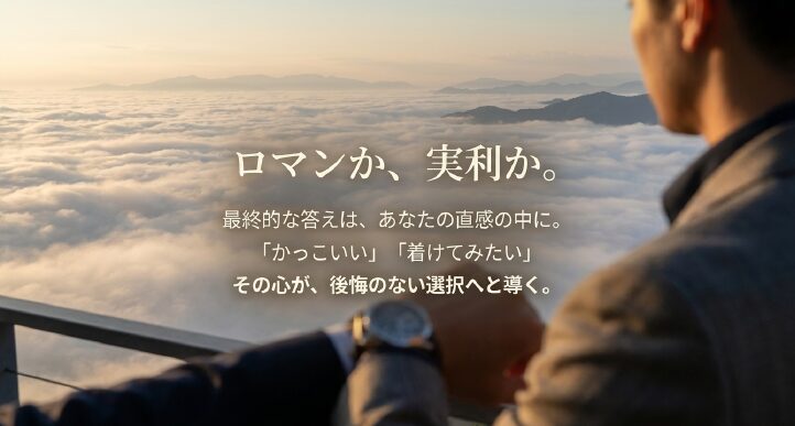 画像タイトル: 後悔しない選択：ロマンか実利か

代替テキスト: 「ロマンか、実利か。最終的な答えは、あなたの直感の中に。」というメッセージが書かれたシンプルな結びのスライド。