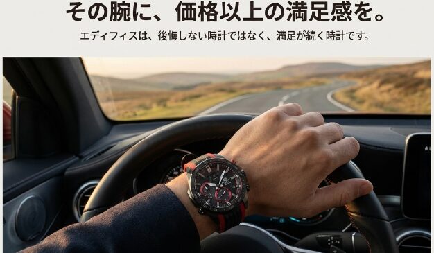 画像タイトル: 価格以上の満足感が続く、賢者の選択

代替テキスト: ドライブ中のドライバーの手元にあるエディフィスの写真。「その腕に、価格以上の満足感を。」というメッセージスライド。