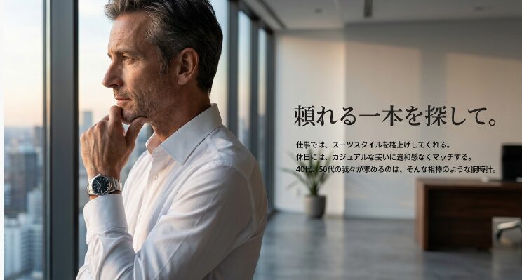 画像タイトル: 40代・50代の頼れる相棒、カシオ エディフィス

代替テキスト: スーツ姿の男性が腕時計を着用しているイメージ。「頼れる一本を探して」というキャッチコピー。