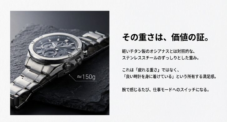画像タイトル: ステンレススチールが放つ約150gの価値ある重み

代替テキスト: エディフィスの側面写真。「約150g」という表記と、ステンレスの厚みのある質感が強調されている。