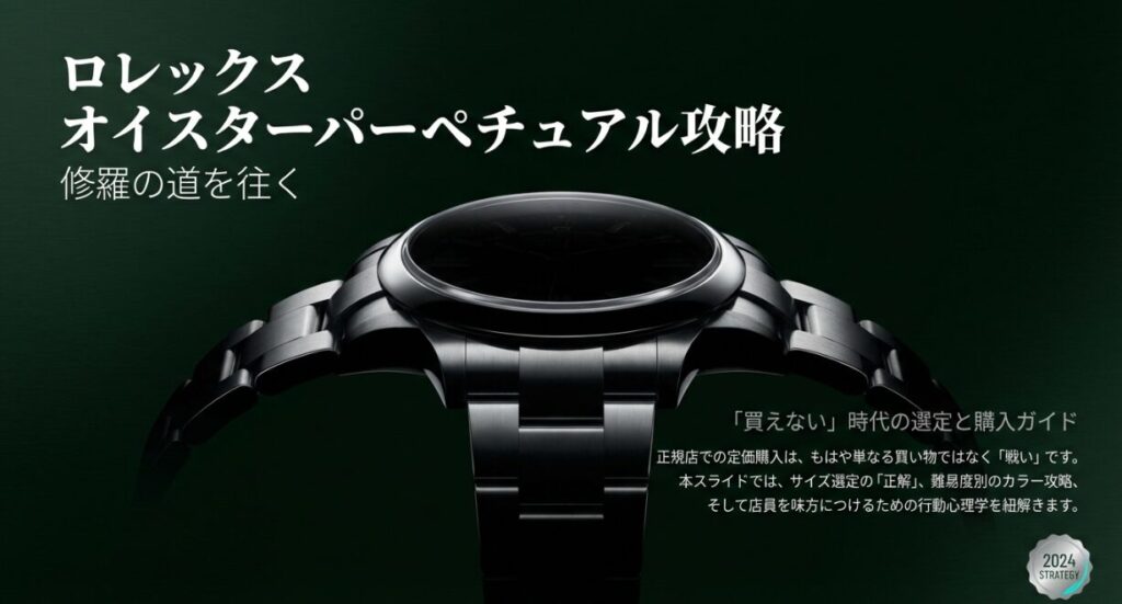 画像タイトル： オイスターパーペチュアル攻略の指針

代替テキスト： 「オイスターパーペチュアル攻略 修羅の道を往く」というタイトル。「買えない」時代の選定と購入ガイド、サイズ選定や行動心理学に基づく攻略を謳う表紙スライド。