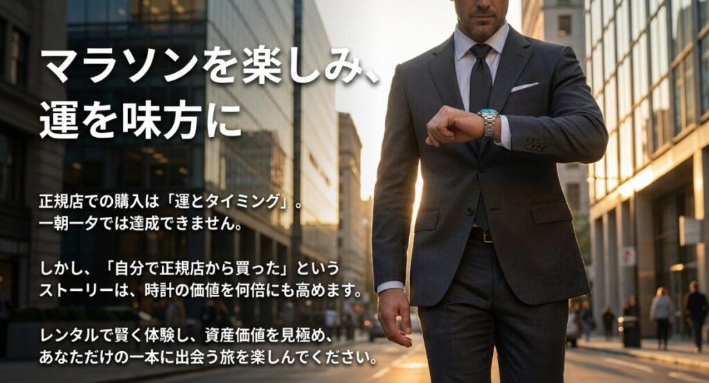 画像タイトル： マラソンを楽しみ、運を味方につける

代替テキスト： 正規店マラソンの総括。「運とタイミング」であることを受け入れつつ、レンタル体験や購入までのストーリー自体を楽しむことを応援するメッセージ。