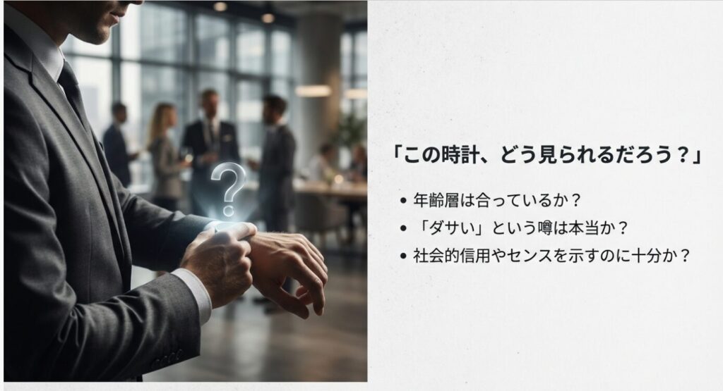 画像タイトル: 時計選びの不安と疑問


代替テキスト: 「この時計、どう見られるだろう？」という問いかけと、年齢層や社会的信用に関するユーザーの心理を描写したスライド