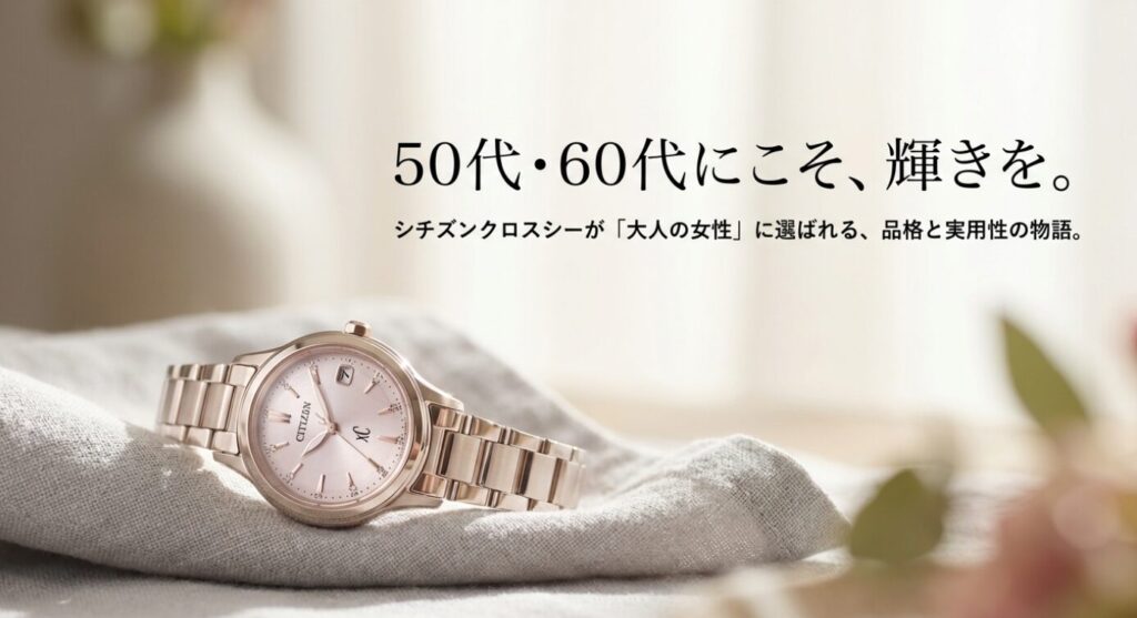 画像タイトル: シチズンクロスシー_50代60代向けコンセプト

代替テキスト: シチズンクロスシーが50代・60代の女性に選ばれる理由を解説したスライドの表紙。品格と実用性を兼ね備えた大人の女性向け時計。