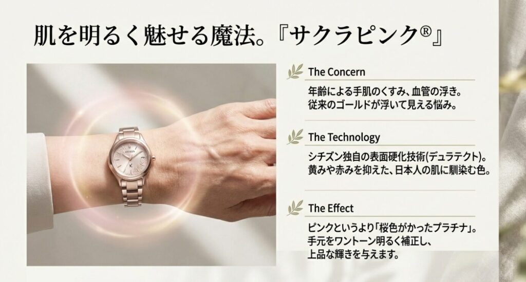 画像タイトル: クロスシー_サクラピンクの肌馴染み効果

代替テキスト: シチズン独自の「サクラピンク®」の解説。日本人の肌に馴染み、年齢による手肌のくすみをカバーしてワントーン明るく見せる効果があることを説明したスライド。