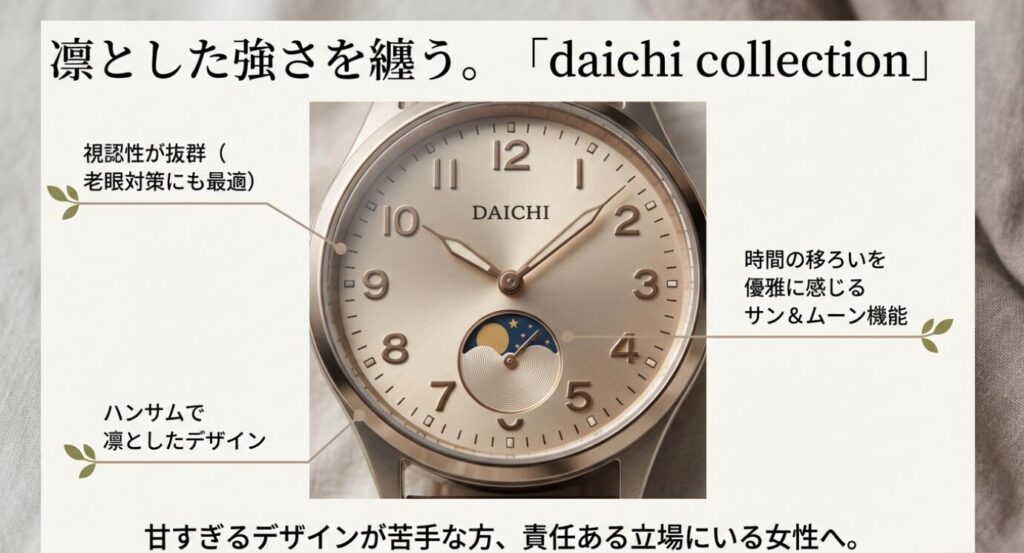 画像タイトル: クロスシー_daichiコレクション_サン＆ムーン機能

代替テキスト: クロスシー「daichi collection」の紹介。視認性が高く老眼対策にも最適である点や、時間の移ろいを感じさせるサン＆ムーン機能、甘すぎないハンサムなデザインであることを解説したスライド。