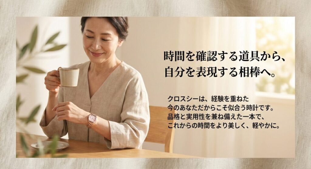 画像タイトル: クロスシー_大人の女性へのメッセージ

代替テキスト: 記事のまとめ。クロスシーは経験を重ねた今のあなただからこそ似合う時計であり、これからの時間を美しく軽やかにするためのパートナーであるというメッセージスライド。