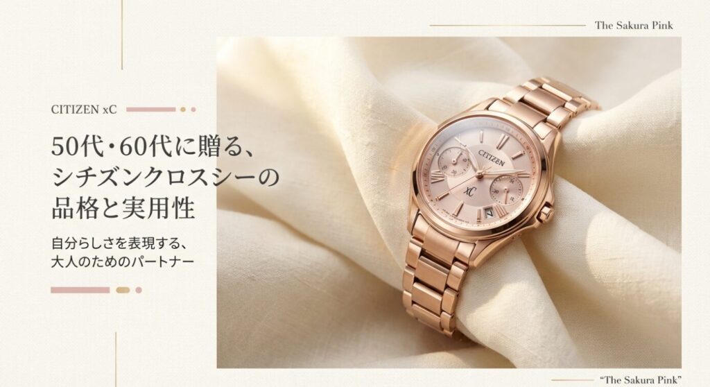 画像タイトル: シチズンクロスシー_50代60代向けコンセプト

代替テキスト: 50代・60代の女性に向けたシチズンクロスシーのコンセプト資料。品格と実用性を兼ね備えた、大人のためのパートナーとしての魅力を表現した表紙スライド。