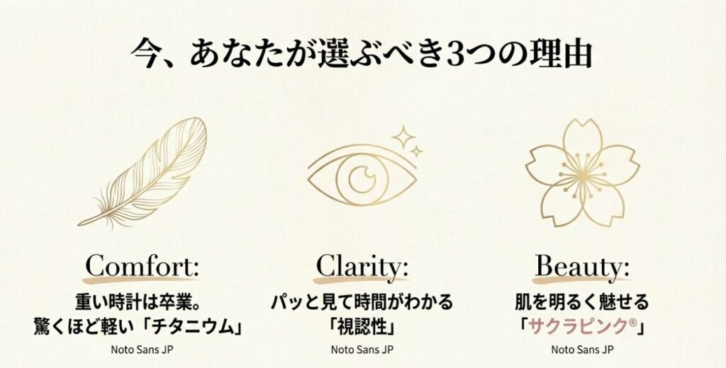 代替テキスト: 50代女性がクロスシーを選ぶ3つの理由。驚くほど軽い「スーパーチタニウム」、老眼でも見やすい「視認性」、肌を明るく魅せる「サクラピンク」のメリットをまとめたスライド。