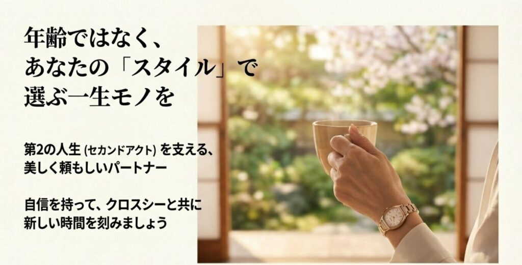 画像タイトル: クロスシー_第2の人生のパートナー

代替テキスト: 年齢ではなく「スタイル」で選ぶ一生モノの時計。第2の人生（セカンドアクト）を支えるパートナーとして、自信を持ってクロスシーを選んでほしいというメッセージ。