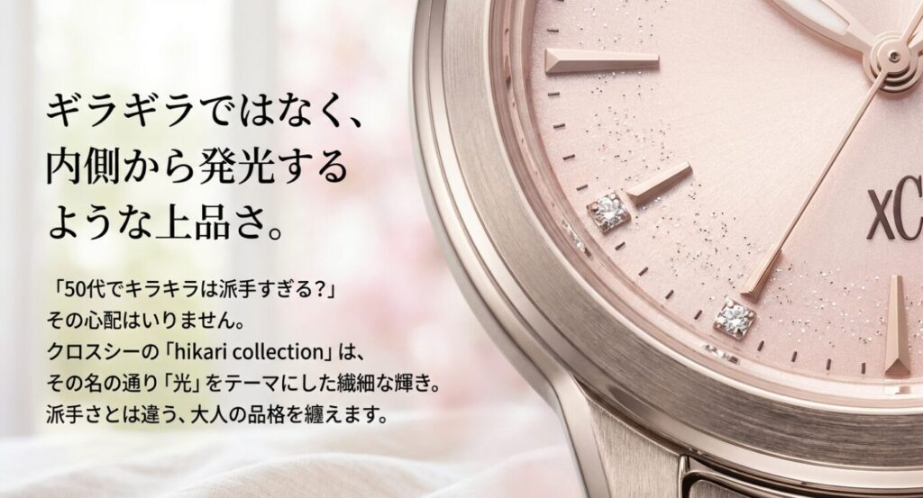 画像タイトル: クロスシー_hikariコレクション_上品な輝き 

代替テキスト: hikariコレクションのデザインコンセプト解説。「ギラギラ」した派手さではなく、光をテーマにした内側から発光するような繊細な輝きと、大人の品格を表現したスライド。