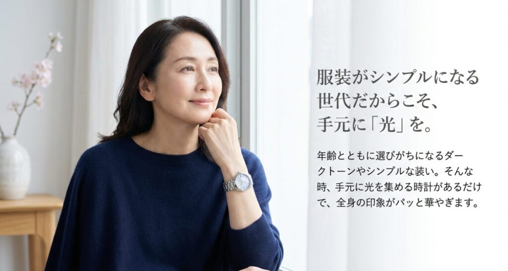 画像タイトル: クロスシー_フォーマルシーンでの活用 

代替テキスト: 同窓会や観劇、食事会などのシーンにおいて、アクセサリー代わりとして使える利便性を紹介。選ぶ手間を省きつつスタイルが完成するメリットを示したスライド。