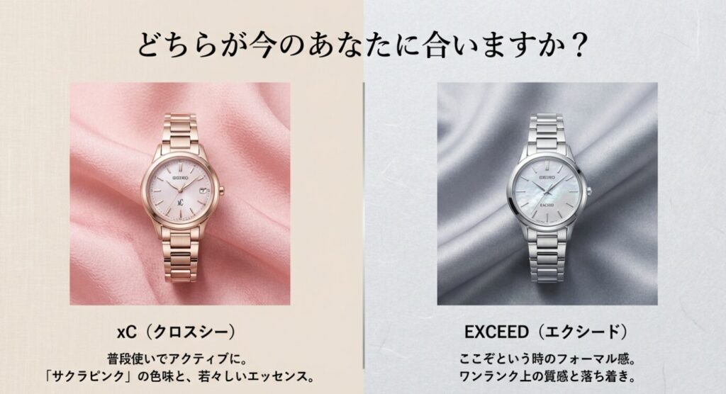 画像タイトル: クロスシーとエクシードの比較選び方 

代替テキスト: 「普段使いでアクティブなクロスシー」と「フォーマルで落ち着いたエクシード」の比較チャート。サクラピンクの若々しさか、ワンランク上の質感か、スタイルに合わせた選び方を提示したスライド。