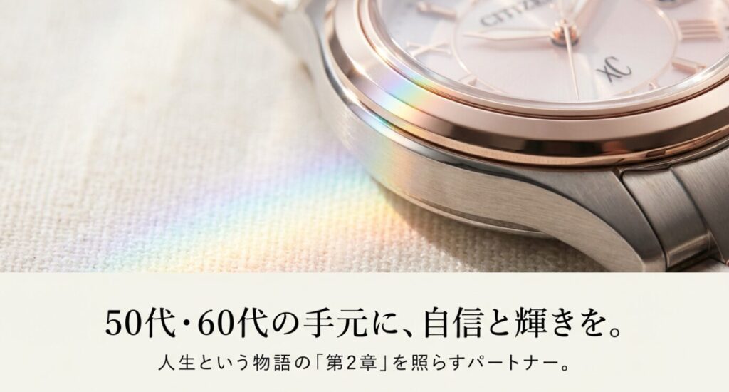 画像タイトル: シチズンクロスシー_人生第2章のパートナー 

代替テキスト: 人生の第2章（セカンドアクト）を照らすパートナーとしてのクロスシー。50代・60代の女性に自信と輝きを与えるというブランドメッセージを表現したスライド。