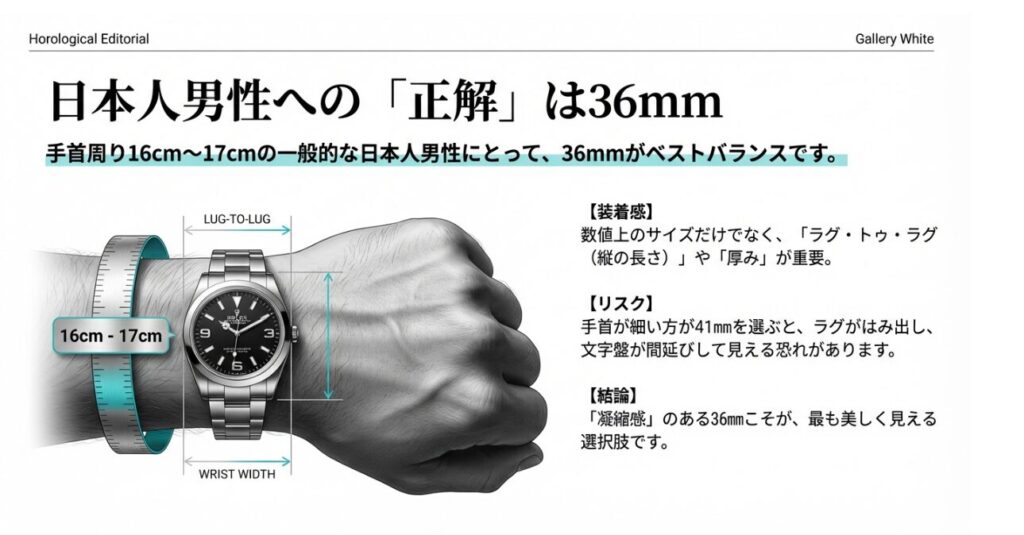 画像タイトル： 日本人男性の「正解」は36mm

代替テキスト： 手首周り16cm〜17cmの男性におけるサイズバランスの図解。「ラグ・トゥ・ラグ」や手首幅への収まりを示し、36mmが最も美しく見えると結論付ける図。