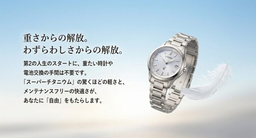 画像タイトル: クロスシー_スーパーチタニウムによる解放 

代替テキスト: 第2の人生のスタートにおいて、重たい時計や電池交換の手間から解放されることの重要性。スーパーチタニウムとメンテナンスフリー機能がもたらす「自由」を解説したスライド。