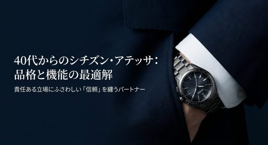 画像タイトル: 40代からのシチズン・アテッサ:品格と機能の最適解
代替テキスト (alt): 40代男性に向けたシチズン・アテッサのコンセプトスライド。責任ある立場にふさわしい信頼を纏うパートナーとしての提案。