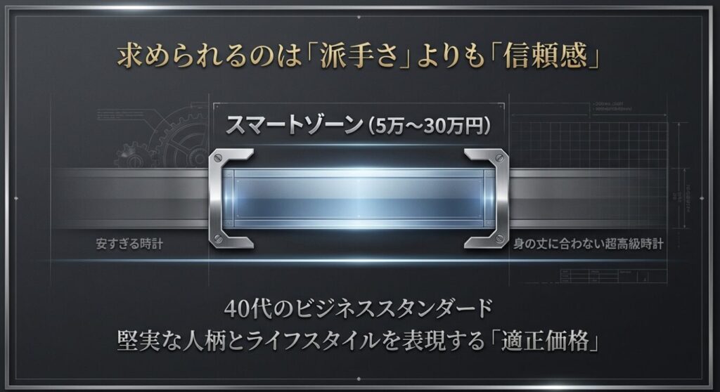 画像タイトル: 40代のビジネススタンダード「スマートゾーン」の価格帯
代替テキスト (alt): 腕時計の価格帯チャート。5万〜30万円を「スマートゾーン」とし、安すぎる時計や身の丈に合わない超高級時計との違い、堅実な人柄を表す適正価格であることを示す図。