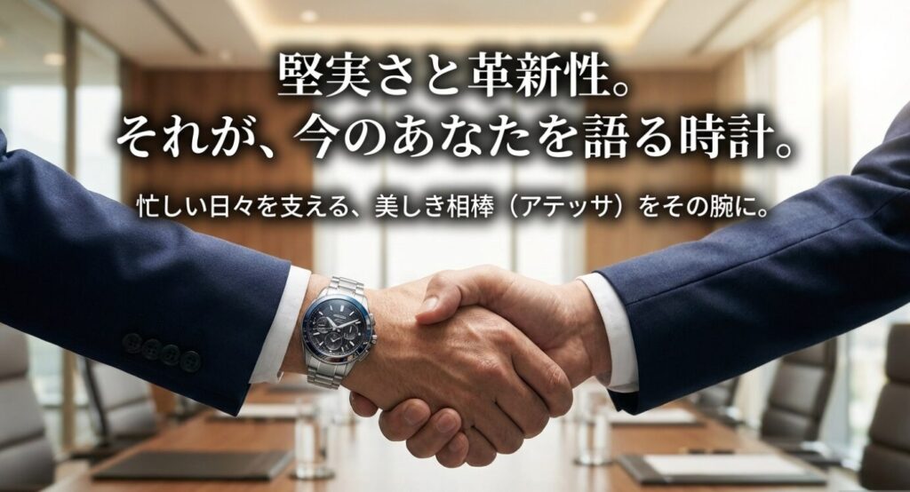 画像タイトル: 忙しい日々を支える美しき相棒
代替テキスト (alt): 堅実さと革新性を兼ね備えたアテッサが、今のあなたを語る時計であり、忙しい日々を支える美しき相棒となるというメッセージスライド。