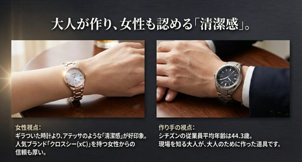 画像タイトル: 大人が作り、女性も認める「清潔感」
代替テキスト (alt): シチズン従業員の平均年齢が44.3歳であり、現場を知る大人が作った道具であること。また、女性ブランド「クロスシー」の信頼性から、女性視点でもアテッサの清潔感が好印象であることを解説。