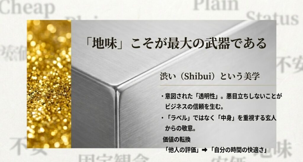 挿入スライド: PAGE 3 ( 「地味」こそが最大の武器である)

画像タイトル: 「渋い（Shibui）」という美学への価値転換

代替テキスト: 悪目立ちしない透明性がビジネスの信頼を生むという、「地味」をポジティブな「渋さ」として再定義したコンセプト図。