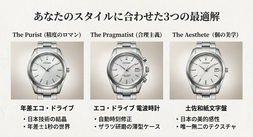 画像タイトル: ザ・シチズンを選ぶ3つのスタイル提案

代替テキスト: 「精度のロマン（The Purist）」「合理主義（The Pragmatist）」「個の美学（The Aesthete）」の3つのカテゴリーに分類されたザ・シチズンの時計画像一覧。