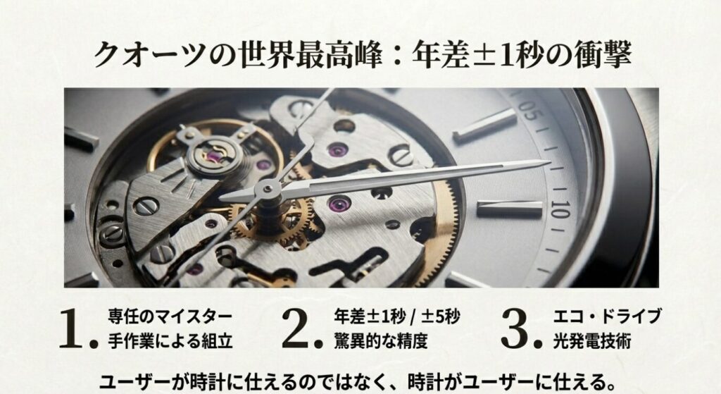 画像タイトル: 年差±1秒を実現するマイスターの技術

代替テキスト: ザ・シチズンの内部ムーブメントの拡大写真。専任マイスターによる手作業の組み立てと、年差±1秒および±5秒という驚異的な精度を説明するテキスト。