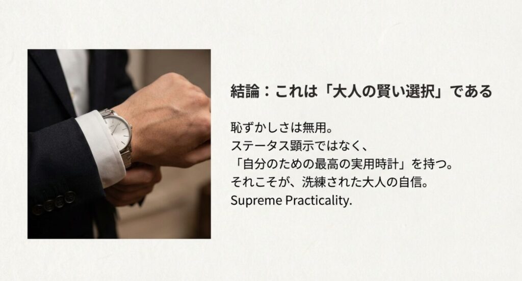 挿入スライド: PAGE 9 ( 結論:これは「大人の賢い選択」である)

画像タイトル: 究極の実用性を身に着ける大人の自信

代替テキスト: スーツの袖口からザ・シチズンが見えているビジネスマンの手元。ステータス顕示ではなく、自分のための実用時計を持つことの自信を表現した写真。