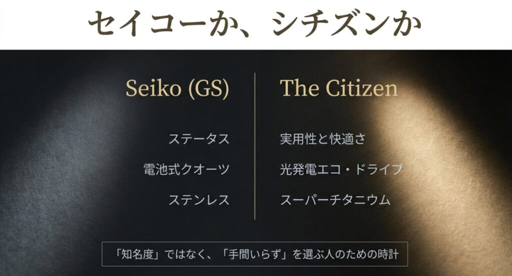 画像タイトル: セイコー（GS）とザ・シチズンの重視する価値の違い

代替テキスト: グランドセイコー（ステータス・電池式）とザ・シチズン（実用性・光発電）の特徴を対比させ、「知名度」か「手間いらず」かで選ぶ基準を示した比較図。