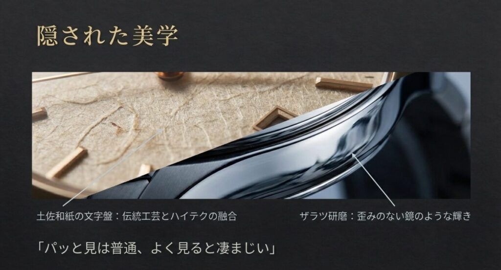 画像タイトル: ザラツ研磨と土佐和紙文字盤のディテール

代替テキスト: 歪みのない鏡面仕上げ（ザラツ研磨）と、独特の陰影を持つ土佐和紙文字盤の拡大写真。「パッと見は普通、よく見ると凄まじい」という隠れた美学を表現。