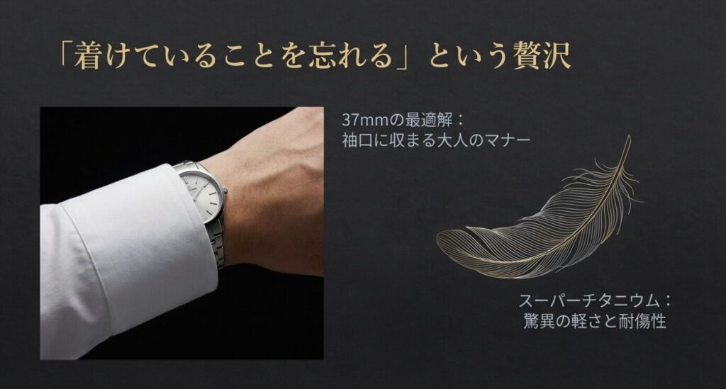 画像タイトル: スーツの袖口に美しく収まる37mmのサイズ感

代替テキスト: ワイシャツの袖口に引っかからず、スマートに収まっているザ・シチズンの着用イメージ。「大人のマナー」としてのサイズ選びとスーパーチタニウムの快適さを解説。