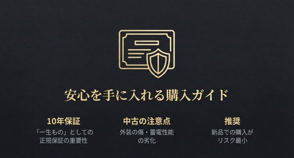 画像タイトル: 失敗しないための中古・アウトレット購入チェックポイント

代替テキスト: 10年保証の引き継ぎ可否や外装の傷、エコ・ドライブの蓄電性能劣化など、中古購入時に確認すべきリスクと新品購入のメリットをまとめたガイド。