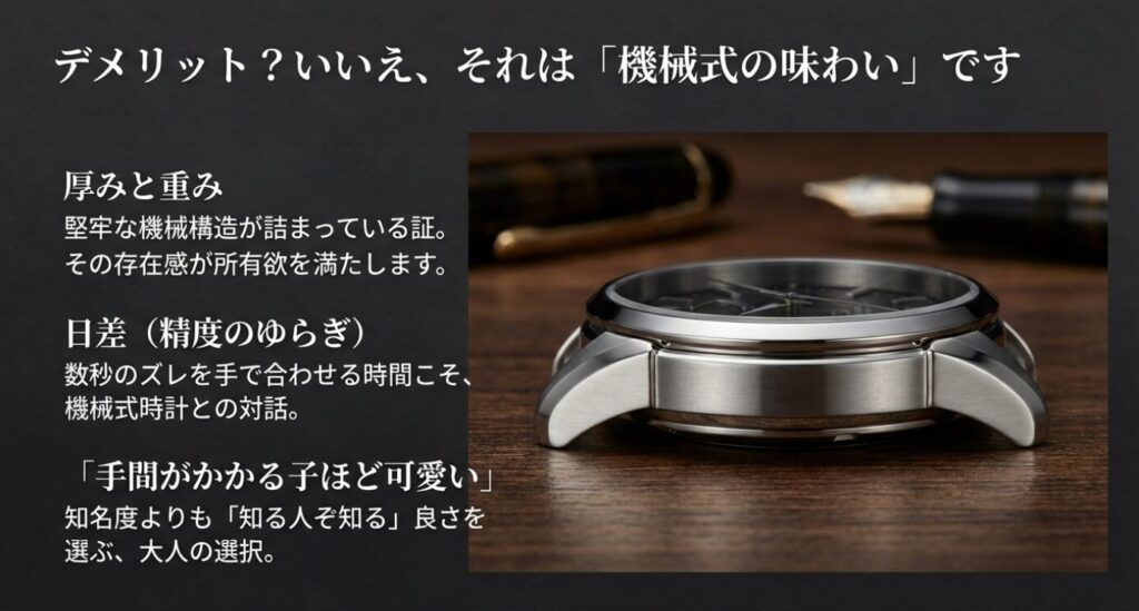 画像タイトル: オリエントスター_機械式時計の味わいとデメリット

代替テキスト: 「厚みと重みは堅牢性の証」「日差は対話」など、デメリットを機械式時計の魅力としてポジティブに言い換えているスライド。