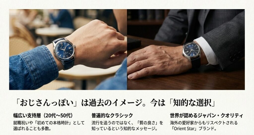 画像タイトル: オリエントスター_年齢層とターゲット

代替テキスト: 20代から50代まで幅広い支持層があることや、就職祝いなどの「知的な選択」として選ばれていることを解説したスライド。