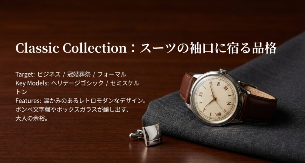 画像タイトル: オリエントスター_クラシックコレクション紹介

代替テキスト: 「スーツの袖口に宿る品格」というキャッチコピーと共に、レトロモダンな文字盤の時計が写っているスライド。