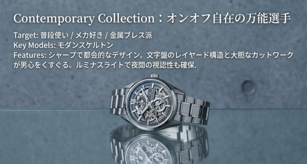 画像タイトル: オリエントスター_コンテンポラリーコレクション紹介

代替テキスト: 「オンオフ自在の万能選手」というキャッチコピーと共に、金属ブレスレットのスケルトン時計が写っているスライド。
