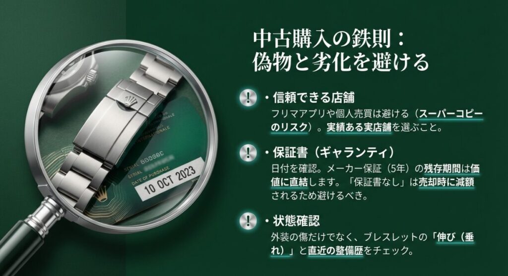 画像タイトル： 中古購入のリスク回避と鉄則

代替テキスト： 中古品購入時のチェックポイントまとめ。信頼できる店舗選び、保証書の日付確認、ブレスレットの伸びなどの状態確認を警告マークと共に表示。