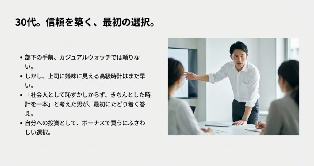 画像タイトル: 30代：信頼を築く最初の選択


代替テキスト: 会議室でプレゼンをする30代男性の様子と、「自分への投資として、ボーナスで買うにふさわしい選択」というコピーが書かれたスライド