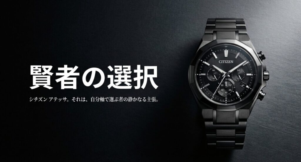画像タイトル: 記事アイキャッチ：シチズン アテッサ 賢者の選択


代替テキスト: シチズン アテッサの時計本体のアップと、「賢者の選択」というメインキャッチコピーが書かれたスライド